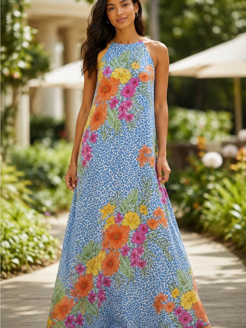 THML Blue Floral Halter Maxi Dress with Orange & Pink Blooms